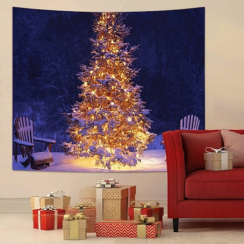

Christmas Party Wall Tapestry Holiday Photography Background Christmas Tree Gift Art Decor Blanket Hanging Home Bedroom Living Room Decoration Polyester