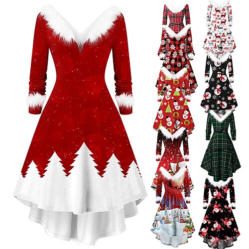 

Women's Christmas Swing Dress Plaid Dress Midi Dress Black gray Green Wine Light Red Red White Black Long Sleeve Print Patchwork With Belt Print Winter Fall V Neck Romantic Classic Traditional Fall