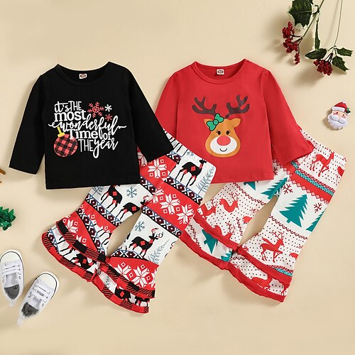 

2 Pieces Toddler Girls' Ugly Christmas Letter Sweatshirt & Pants Set Long Sleeve Active Outdoor 3-7 Years Winter Black Red