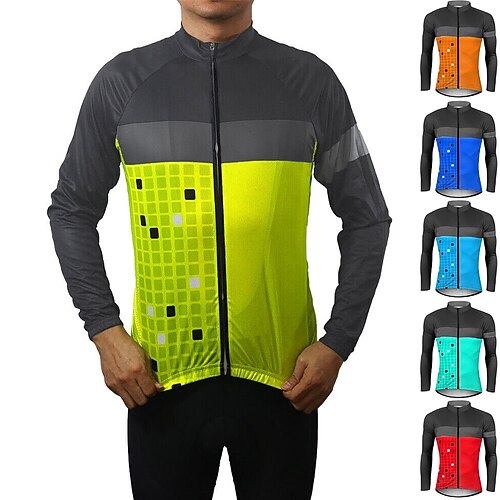 

21Grams Men's Cycling Jersey Long Sleeve Bike Jersey Top with 3 Rear Pockets Mountain Bike MTB Road Bike Cycling Breathable Quick Dry Moisture Wicking Reflective Strips Green Dark Blue Orange Color
