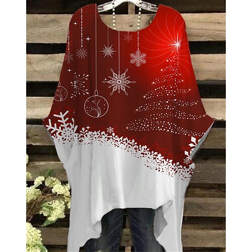 

Women's Plus Size Christmas Tops T shirt Tee Snowflake Print Half Sleeve Crew Neck Casual Festival Daily Cotton Spandex Jersey Winter Fall Wine
