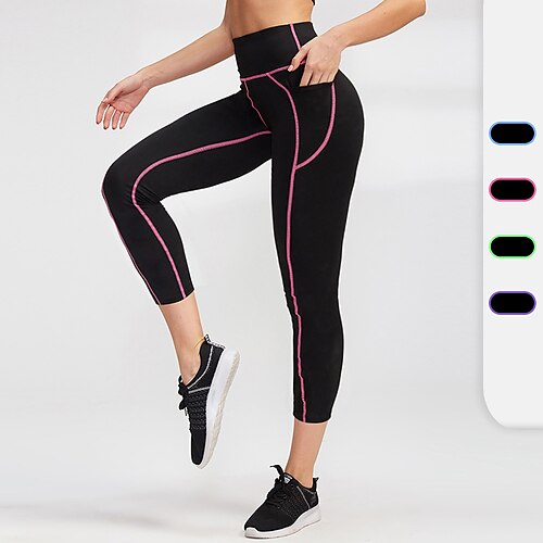 

Women's Running Tights Leggings Compression 3/4 Pants Side Pockets Bottoms Athletic Athleisure Spandex Breathable Quick Dry Moisture Wicking Fitness Gym Workout Running Sportswear Activewear Stripes