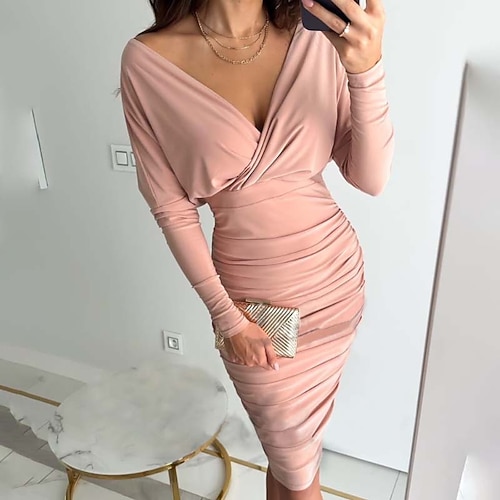 

Women's Bodycon Sheath Dress Mini Dress Black Pink Red Long Sleeve Pure Color Ruched Winter Fall Autumn V Neck Fashion Vacation Weekend 2022 S M L XL XXL 3XL