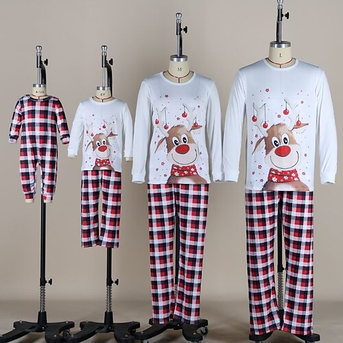 

Christmas Pajamas Family Plaid Elk Home White Long Sleeve Basic Matching Outfits