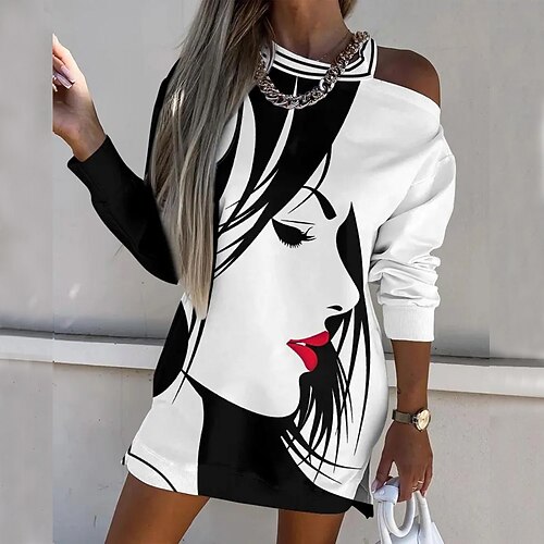 

Women's Casual Dress Sheath Dress Mini Dress White Long Sleeve Graphic Cold Shoulder Winter Fall Spring Crew Neck Stylish Weekend 2022 S M L XL XXL 3XL