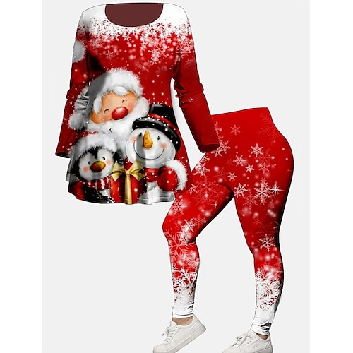 

Women's Plus Size Tops Christmas Set Santa Claus Print Long Sleeve Crew Neck Fashion Vacation Polyester Winter Fall Red