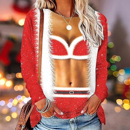 

Women's T shirt Tee Green Blue Pink Graphic Print Long Sleeve Christmas Weekend Basic Round Neck Regular Floral Painting S