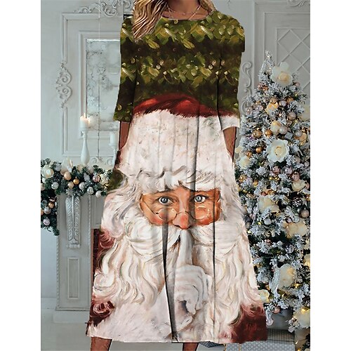 

Women's Christmas Casual Dress Shift Dress Midi Dress Green 3/4 Length Sleeve Santa Claus Ruched Winter Fall Autumn Fashion Daily 2022 S M L XL XXL 3XL