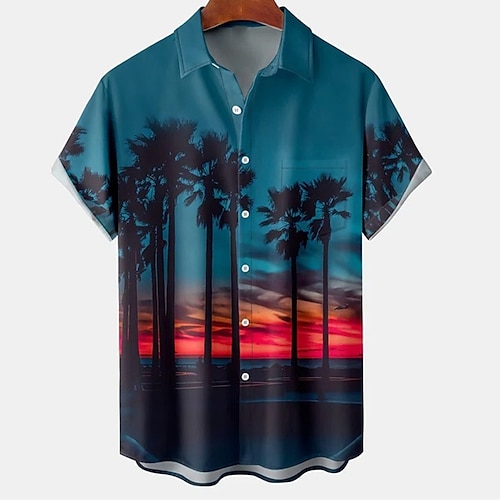 

Men's Shirt Coconut Tree Graphic Prints Turndown Blue 3D Print Outdoor Street Short Sleeves Button-Down Print Clothing Apparel Tropical Designer Casual Hawaiian