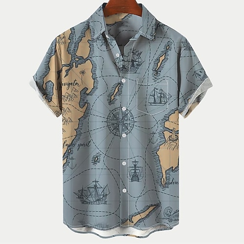 

Men's Shirt Aloha Shirt Vintage Hawaiian Shirts Map Graphic Prints Turndown Blue 3D Print Outdoor Street Short Sleeves Button-Down Print Clothing Apparel Tropical Hawaiian Designer Casual