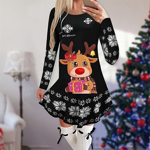 

Women's Christmas Casual Dress Mini Dress Green Black Red Long Sleeve Elk Print Winter Fall Autumn Crew Neck Christmas 2022 S M L XL 2XL