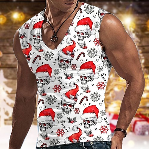 

Men's Undershirt Skull Graphic Prints V Neck White 3D Print Christmas Street Sleeveless Print Clothing Apparel Basic Casual Classic Comfortable