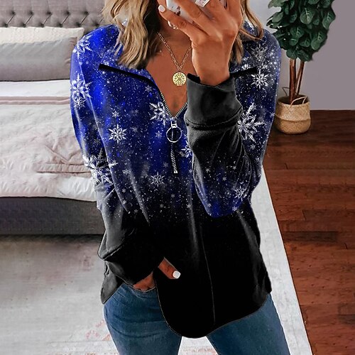 

Women's Sweatshirt Pullover Streetwear Zipper Green Blue Purple Snowflake Christmas V Neck Long Sleeve S M L XL 2XL 3XL