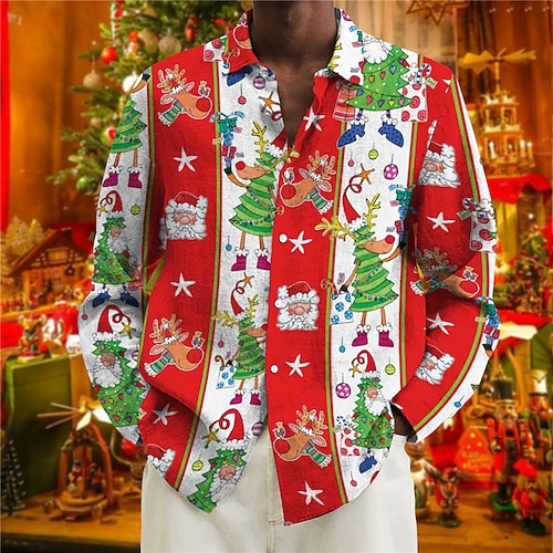 

Men's Shirt Tree Santa Claus Graphic Prints Turndown Yellow Red 3D Print Christmas Street Long Sleeve Button-Down Print Clothing Apparel Fashion Designer Casual Soft