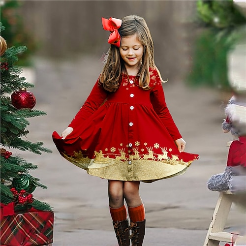 

Kids Girls' Christmas Dress Elk Casual Dress Above Knee Dress Christmas Gifts Button Crew Neck Long Sleeve Adorable Dress 3-10 Years Winter Wine