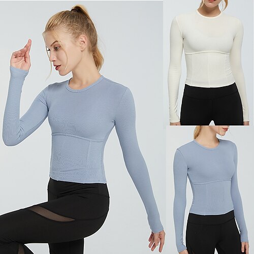 

Women's Crew Neck Yoga Top Solid Color Blue White Cotton Yoga Fitness Gym Workout Top Long Sleeve Sport Activewear Breathable Comfortable Micro-elastic