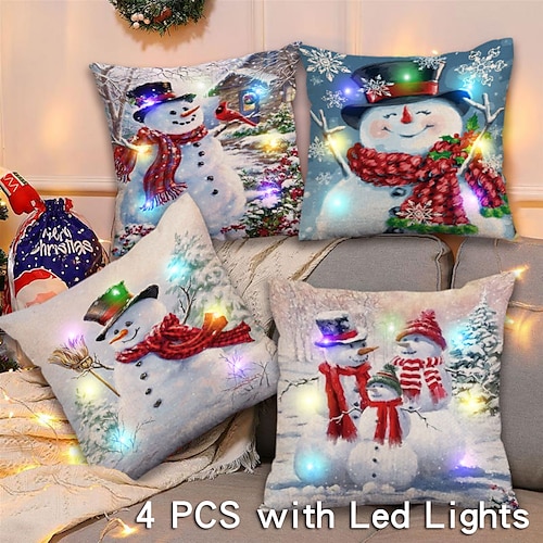 

Christmas LED Lights Throw Pillow Cover 4PC Snowman Soft Decorative Square Cushion Pillowcase for Bedroom Livingroom Sofa Couch Chair Superior Quality