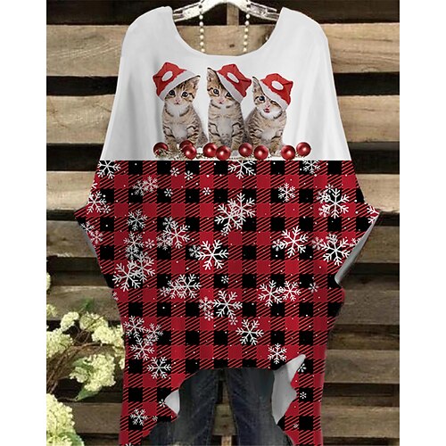 

Women's Plus Size Christmas Tops T shirt Tee Plaid Cat Print Half Sleeve Crew Neck Casual Festival Daily Cotton Spandex Jersey Winter Fall Blue Red