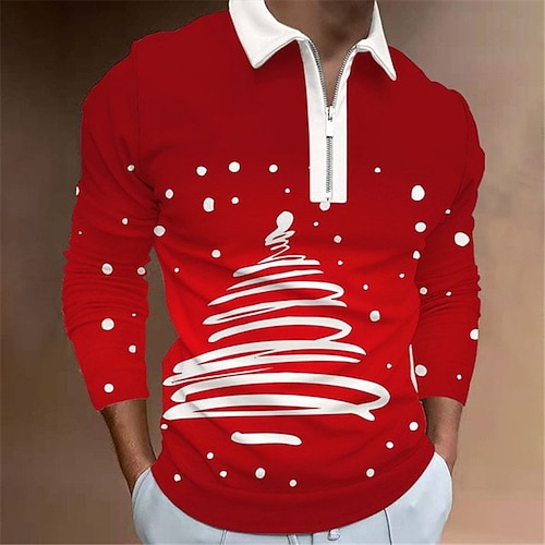 

Men's Collar Polo Shirt Golf Shirt Tree Graphic Prints Turndown Wine 3D Print Christmas Street Long Sleeve Zipper Print Clothing Apparel Fashion Designer Casual Soft