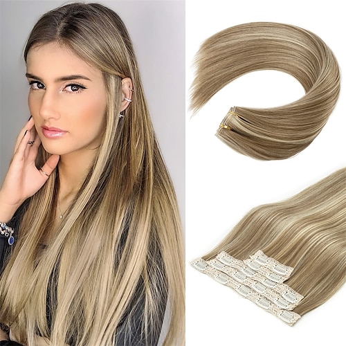

Clip in Hair Extensions Brown Hair Extensions 24 Thick Long Straight Lace Weft Lightweight Synthetic Hairpieces for Women - Walnut Brown with Blonde Highlights