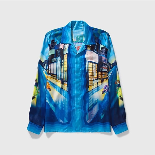 

Men's Shirt Graphic Prints Building Turndown Blue 3D Print Outdoor Street Long Sleeve Button-Down Print Clothing Apparel Fashion Designer Casual Breathable
