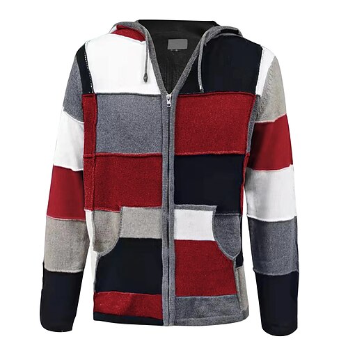 

Men's Cardigan Sweater Fleece Sweater Jumper Cable Knit Cropped Patchwork Knitted Color Block V Neck Elegant Casual Holiday Date Drop Shoulder Winter Fall Blue Red S M L