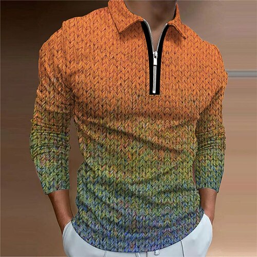 

Men's Collar Polo Shirt Golf Shirt Geometry Turndown Yellow Gray 3D Print Outdoor Street Long Sleeve Zipper Print Clothing Apparel Fashion Designer Casual Breathable