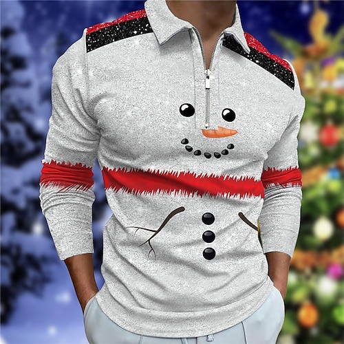 

Men's Collar Polo Shirt Golf Shirt Snowman Graphic Prints Turndown Green Red 3D Print Christmas Street Long Sleeve Zipper Print Clothing Apparel Fashion Designer Casual Soft