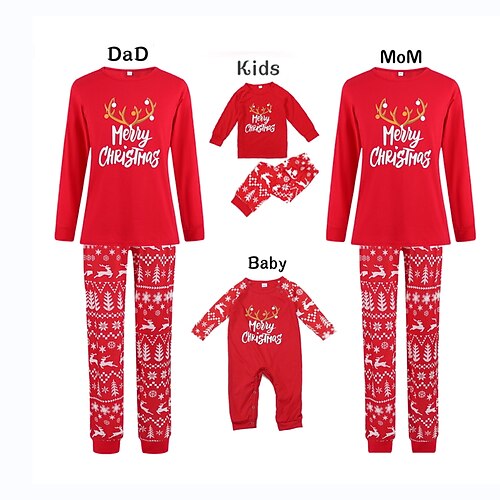 

Christmas Pajamas Family Elk Home Crewneck Red Long Sleeve Basic Matching Outfits