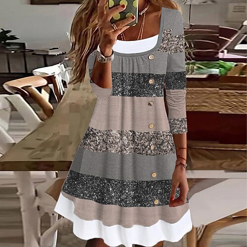 

Women's Casual Dress Mini Dress Gray 3/4 Length Sleeve Color Block Patchwork Winter Fall Spring U Neck Stylish Weekend 2022 S M L XL XXL 3XL