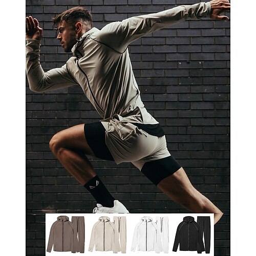 

Men's Tracksuit Sweatsuit 2 Piece Full Zip Athletic Winter Long Sleeve Cotton Breathable Quick Dry Moisture Wicking Fitness Running Jogging Sportswear Activewear Solid Colored Black Khaki Coffee