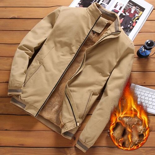 

Men's Winter Jacket Sherpa jacket Durable Daily Wear Vacation To-Go Zipper Standing Collar Comfort Leisure Jacket Outerwear Solid / Plain Color Pocket Black Yellow Khaki