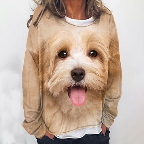 

Mujer Camiseta Amarillo Perro 3D Manga Larga Calle Casual Básico Escote Redondo Regular S