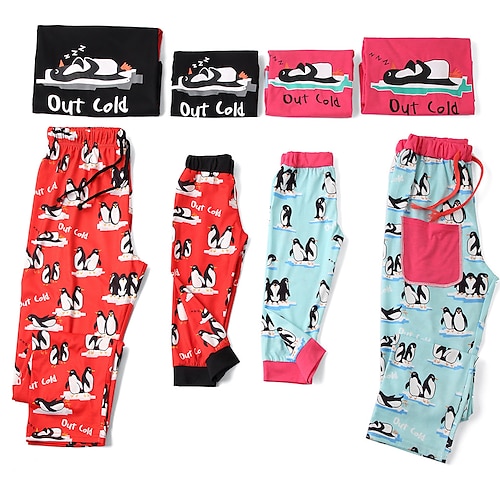 

Pajamas Family Animal Letter Home Black Pink Long Sleeve Basic Matching Outfits