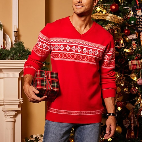 

Men's Sweater Ugly Christmas Sweater Pullover Sweater Jumper Ribbed Knit Cropped Knitted Christmas Pattern V Neck Keep Warm Modern Contemporary Christmas Work Clothing Apparel Fall & Winter Green Red