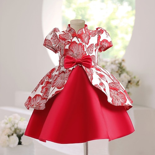 

Kids Girls' Party Dress Flower Party Dress Dress Special Occasion Standing Collar Short Sleeve Elegant Dress 2-9 Years Fall Red