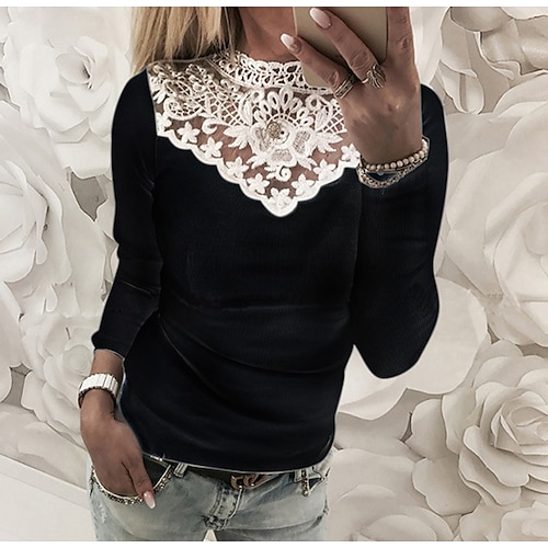 

Women's Blouse Shirt Black Gray Color Block Lace Patchwork Long Sleeve Casual Streetwear Round Neck Regular S / Weekend