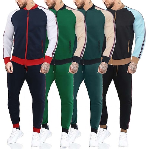 

Homme Ensemble Survetement Survêtement Sweat zippé Veste Ensemble de jogging Noir Vert Véronèse bleu marine Vert Capuche Bloc de couleur Cordon 2 Pièces Sport Loisir Des sports Vêtement de rue