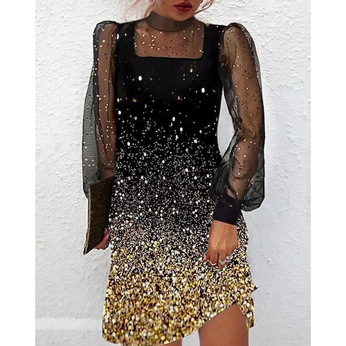 

Women's Black Dress Mini Dress Black Long Sleeve Color Gradient Sequins Winter Fall Spring Stand Collar Fashion Daily 2022 S M L XL 2XL 3XL