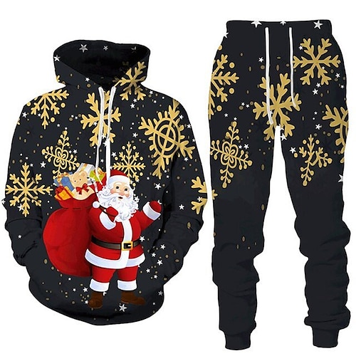 

Men's Tracksuit Hoodies Set Black Hooded Graphic Santa Claus 2 Piece Print Christmas Sports Outdoor Casual 3D Print Basic Streetwear Designer Fall Spring Clothing Apparel Hoodies Sweatshirts