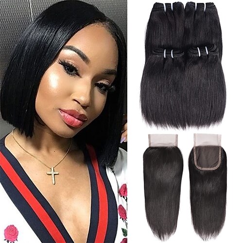 

10A Brazilian Short Human Hair Bundles Natural Color 4 Bundles With Closure Brazilian Virgin Hair 100% Unprocessed Straight Human Hair Bundles