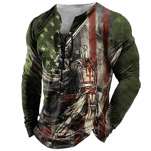 

Men's T shirt Tee Tee Graphic Templar Cross Collar Green Blue Red Gray 3D Print Outdoor Street Long Sleeve Lace up Print Clothing Apparel Basic Designer Casual Classic