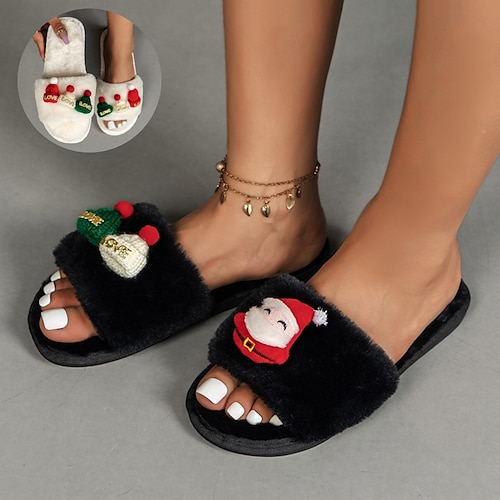 

Women's Slippers Home Christmas House Slippers Warm Slippers Fleece Slippers Winter Flat Heel Open Toe Cute Polyester Loafer Black White
