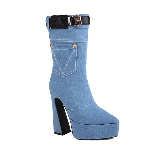 

40-45 european and american foreign trade amazon denim women's boots waterproof platform high-heeled belt buckle color-blocking mid-well boots g559