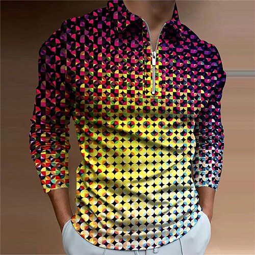 

Men's Polo Shirt Golf Shirt Abstract Graphic Prints Turndown Blue Yellow 3D Print Outdoor Street Long Sleeve Zipper Print Clothing Apparel Fashion Designer Casual Soft