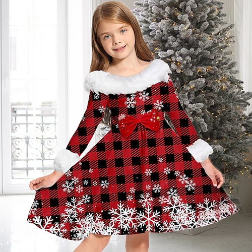

Kids Girls' Christmas Dress Plaid Casual Dress Above Knee Dress Christmas Gifts Fur Trim Crew Neck Long Sleeve Adorable Dress 2-13 Years Winter Wine