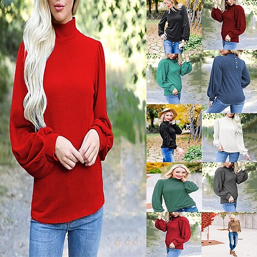 

Women's Blouse Sweater Button Knit Solid / Plain Color Classic Sweet High Neck Regular Spring & Fall Wine Red Green Black Blue Khaki