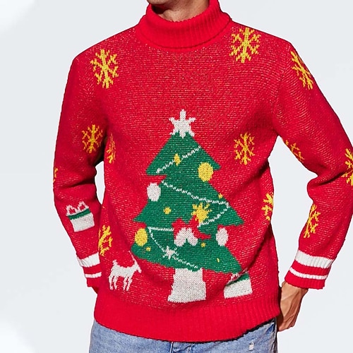 

Men's Sweater Ugly Christmas Sweater Pullover Sweater Jumper Ribbed Knit Cropped Knitted Christmas Tree Turtleneck Keep Warm Modern Contemporary Christmas Work Clothing Apparel Fall & Winter Red S M L