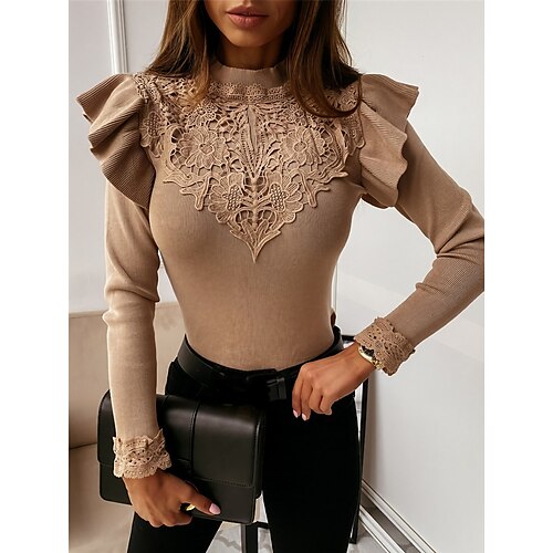

Women's Blouse Shirt Black Khaki White Plain Ruffle Long Sleeve Casual Streetwear High Neck Regular S / Weekend