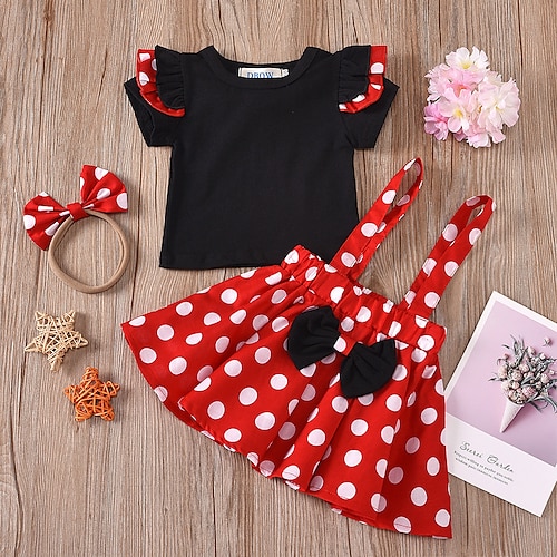 

3 Pieces Toddler Girls' Polka Dot Skirt & Shirt Set Short Sleeve Active Outdoor 3-7 Years Winter Black Red